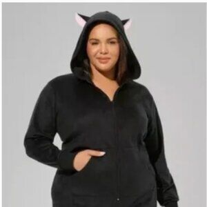 TORRID Black Cat Hooded Fleece (w/cat ears) Lounge/Costume Jumpsuit Size 1/2